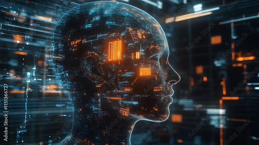 Poster abstract depiction of ai a digital head with showcasing circuits data streams for futuristic technol