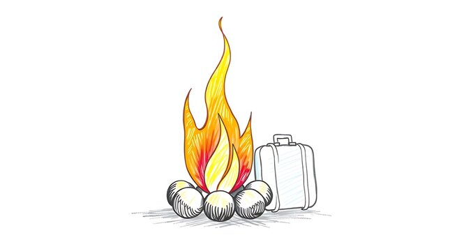 Hand-drawn campfire illustration, warm glowing flames, travel suitcase, outdoor adventure, camping, exploration, journey