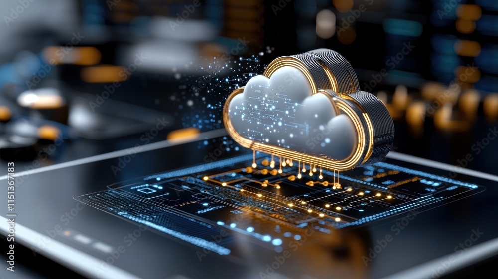Poster futuristic cloud computing concept with digital interface and circuitry on tablet display