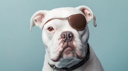 Obraz premium gentle white american bulldog headshot, brown eye patch, soft amber eyes, tilted head expression, baby blue studio background, professional pet portrait, high key lighting