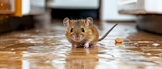 A curious house mouse searches the kitchen floor for food.