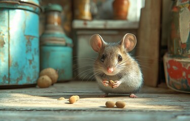 A curious house mouse searches the kitchen floor for food.