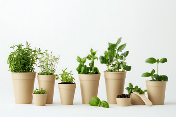 Fototapeta premium Assortment of Fresh Herbs in Neutral Pots