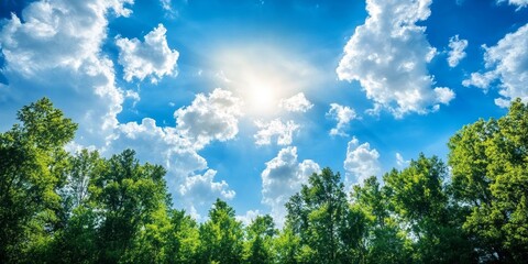 The beauty of nature is showcased through fluffy white clouds, a brilliant blue sky, and vibrant green trees, making this image a perfect representation of nature s stunning beauty.