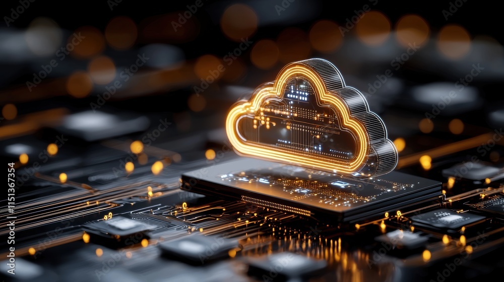 Poster futuristic cloud computing concept with glowing digital cloud on circuit board representing data sto