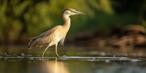 Fototapeta premium Adult Squacco Heron wading gracefully through water, showcasing its elegance as it walks in the water, highlighting the beauty of the Squacco Heron in a tranquil setting.