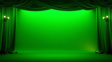 Lush green stage curtains with lighting, ideal for product displays or theatrical presentations.