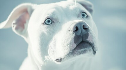 Obraz premium innocent looking pitbull close up, pure white fur, expressive eyes, slight head tilt, minimalist light blue background, professional dog photography, tender moment