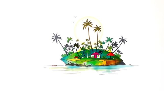 Vibrant tropical island illustration, colorful paradise with palm trees, small houses, and a boat, idyllic vacation escape