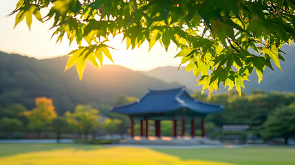Fototapeta premium Sunrise over Korean Pavilion, leaves framing, tranquil park.