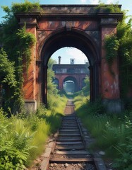 Overgrown vegetation surrounds the entrance of an abandoned railway depot, foliage growth, overgrowth, shrubbery