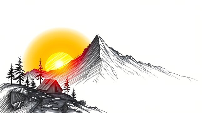 Minimalist mountain landscape sketch, sunset over alpine peaks and forest cabin, hand drawn nature illustration