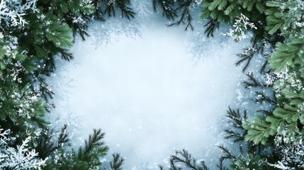 Fototapeta premium A serene winter scene framed by evergreen branches and delicate snowflakes.