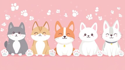 kawaii pet friendship illustration, pastel pink background, cute animal pairs design, minimal sticker art style, soft color palette, simple paw pattern background, gentle white outline, clean vector
