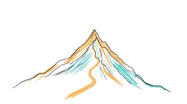 Minimalist mountain peak sketch, hand drawn alpine summit illustration, simple nature landscape line art on white