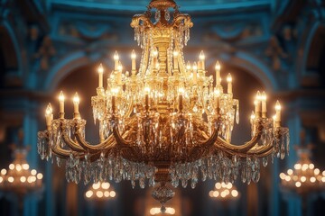 Obraz premium Ornate gold chandelier, crystal drops, glowing lights.