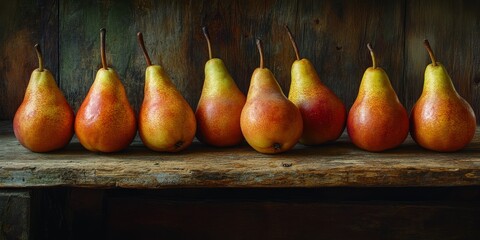 Fresh, juicy pears displayed on a rustic wooden table, showcasing the deliciousness and vibrant colors of ripe pears in a charming setting perfect for any fruit lover.