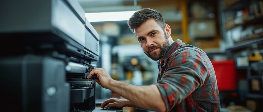 A guy at a business office fixing a printer
