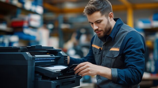 A guy at a business office fixing a printer