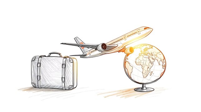 Hand-drawn travel illustration of airplane flying over globe, vintage suitcase and world map, global tourism concept
