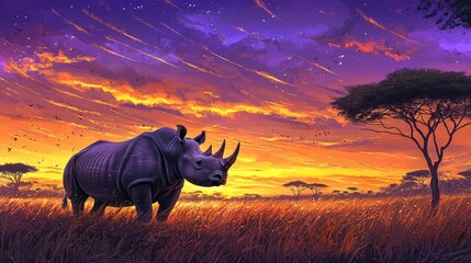 Fototapeta premium rhinoceros stands in a vibrant sunset landscape