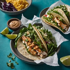 A grilled fish taco with chipotle mayo and fresh greens, placed on a turquoise background.