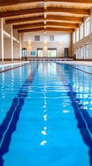 Tranquil indoor lap pool, wood-beam ceiling, bright windows,  leisure center, perfect for health & wellness marketing.