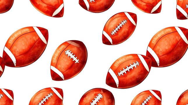 Watercolor American football seamless pattern, hand painted sports balls background, brown leather texture wallpaper