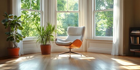 Cozy living room corner featuring a stylish chair, two bright windows, and beautiful hardwood flooring, creating an inviting atmosphere perfect for relaxation in this living room space.