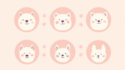 Obraz premium minimal line art dog faces collection, circular pastel backgrounds, adorable expressions, hand-drawn style, simple shapes, kawaii art style, curly fur details, soft pencil sketch, emotional puppy