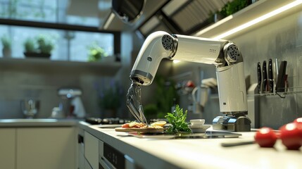 Fototapeta premium robotic arm preparing food in a modern kitchen setting