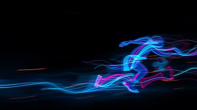 Dynamic abstract light painting of a runner in motion, capturing speed and energy through neon trails.