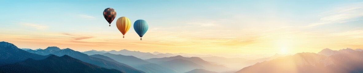 Fototapeta premium Colorful hot air balloons over serene mountain landscape