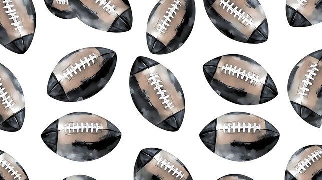Watercolor American football pattern, artistic sports ball seamless background, hand painted football texture on white