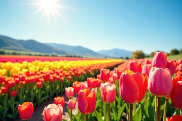 Fresh tulip fields in a bright sunny landscape with gentle breeze and clear blue sky, garden, field