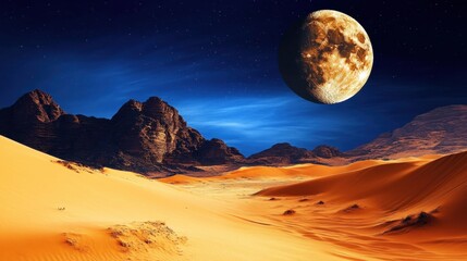A surreal desert scene under a massive full moon, with shadows playing across the dunes.