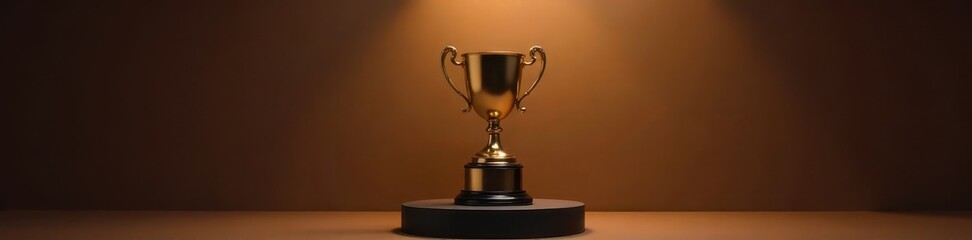 Gold trophy on black pedestal under spotlight with brown background, victory, podium