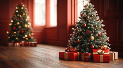 A Celebration of Christmas tree, Santa Claus with gift box, champagne and Beautiful Christmas holiday frame of fir branches with happy new year 2025