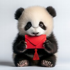 Fototapeta premium Fluffy panda cub celebrating chinese new year with red envelope natural habitat animal photography