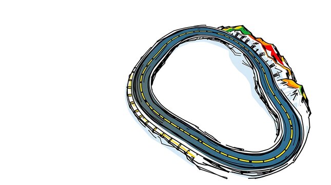 Illustrated race track circuit, hand drawn asphalt racing loop, circular motor speedway on white background