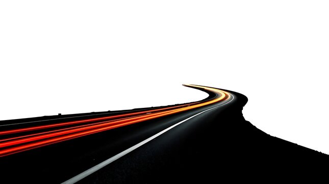 Long exposure light trails on winding road, motion blur car lights on dark highway, isolated path on white background