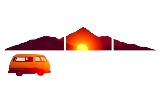 Vintage camper van silhouette with mountain sunset, retro travel van and mountain range, orange sunset adventure landscape