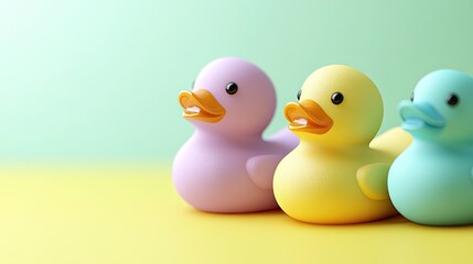 Three rubber ducks resting on yellow surface with pastel background