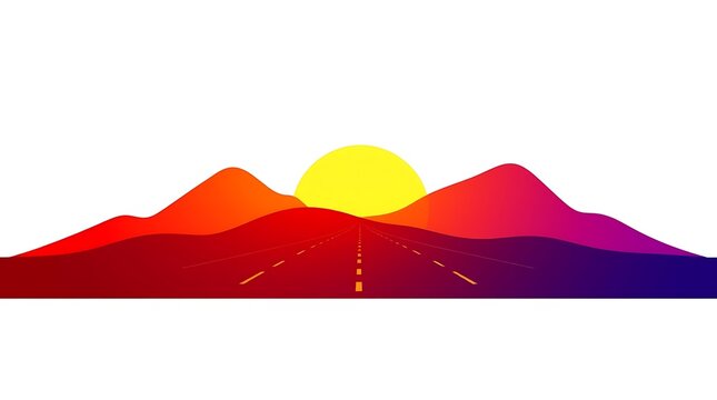 Minimalist mountain landscape sunset, vibrant desert road illustration, colorful synthwave horizon on white background