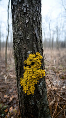 Yellow lichen on tree trunk in winter forest background, nature wallpaper.
