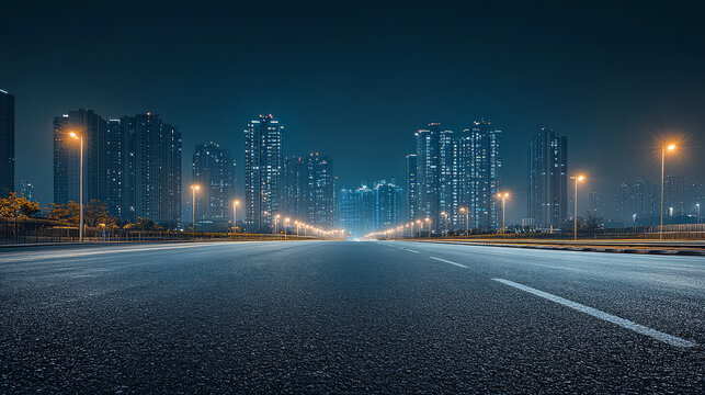 Fototapeta nighttime view of asphalt road illuminated by streetlights, surrounded by tall buildings. scene captures calmness and beauty of city at night