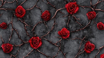 A thorny rose vine wrapped in an intricate pattern, featuring deep red blooms glowing softly.