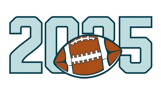 American football 2025 season typography, collegiate style year 2025 with leather ball, sports championship graphic