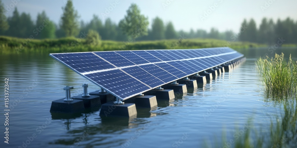 Wall mural A row of polycrystalline silicon solar cells, also known as photovoltaics, is showcased in a solar power plant that floats on water, illustrating the innovative use of polycrystalline silicon