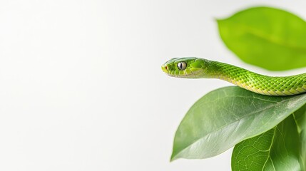 Fototapeta premium Green Snake on Leaf against White Background